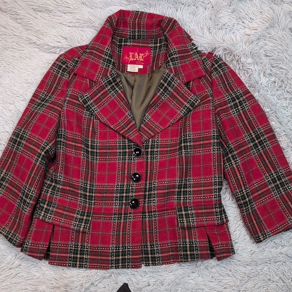 LAL Jacket Womens L Red Plaid Wool Blend Blazer‎ Coat Preppy Cozy Faux Pockets